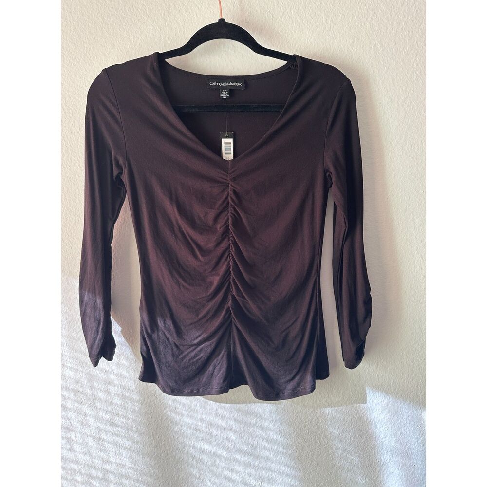 Catherine Malandrino Black Ruched V-Neck Long Sleeve Top